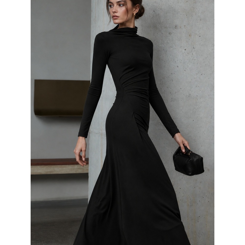 COMMENSE Ruched Turtleneck Long Sleeve Midi Dress Black L US 8 NWT